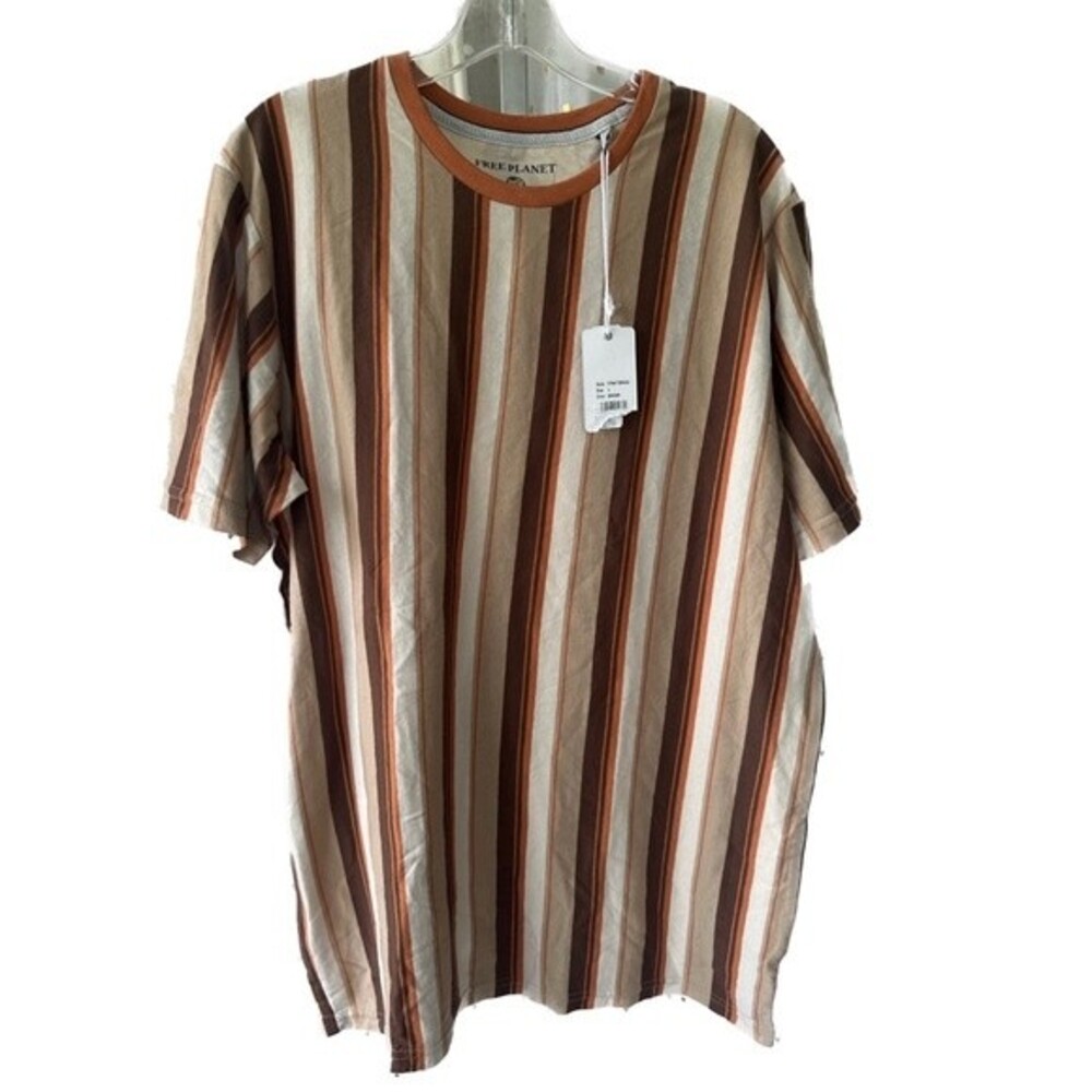 Free Planet NWT 100% Cotton Men's Beige Brown Stripes Short Sleeve T-Shirt L